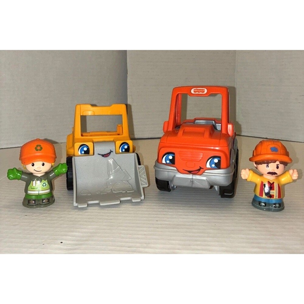 Fisher Price Little People Pickup Truck & Bulldozer w 2 Figures Workers Lot